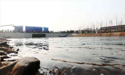 A man-made watercourse at Tuancheng Lake in Beijing as first flow from the South-to-North Water Diversion Project reaches China's capital on Saturday. Photo: Cui Meng/GT