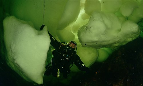 A man ice diving in the White Sea in Russia. Photo: Courtesy of Du Jin'en