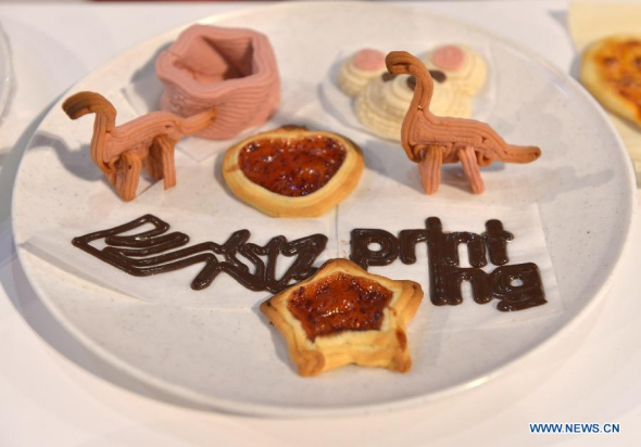 The 3D printed food is seen at the 2015 International Consumer Electronics Show (CES) in Las Vegas, Nevada, the United States, on Jan. 6, 2015. (Xinhua/Yin Bogu)