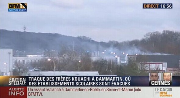 A still image taken from the French TV channel shows the scene of a hostage taking where police and the suspects exchanged fire in Dammartin-en-Goele, northeast of Paris, January 9, 2015. [Photo/chinadaily.com.cn]