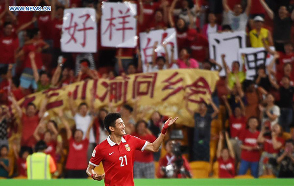 Yu Hai of China celebrates his goal during a Group B match against Saudi Arabia at the AFC Asian Cup in Brisbane, Australia, Jan 10, 2015. China won 1-0. (Xinhua/Guo Yong)
