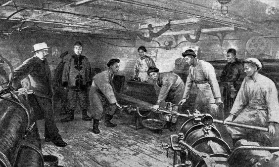 A foreign officer instructs soldiers of the Beiyang fleet on firing a torpedo during an exercise.  