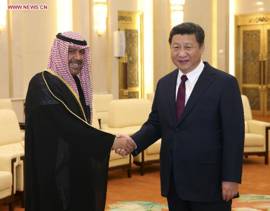 Chinese President Xi Jinping (R) meets with Sheikh Ahmad Al-Fahad Al-Sabah, president of the Association of National Olympic Committees (ANOC) and president of the Olympic Council of Asia (OCA), in Beijing, China, Jan. 14, 2015. (Xinhua/Pang Xinglei)