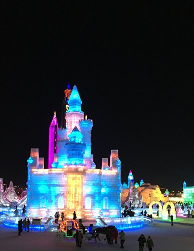 A castle made of ice at the Harbin Ice and Snow Festival, which opened in early January. Photo: Courtesy of Huang Weiwen