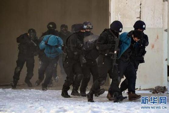 SWAT team members subdue suspected hijackers during a drill in Urumqi, Xinjiang Uygur autonomous region, on Monday, Dec 29, 2014. [Photo by Fang Tao / Xinhua]