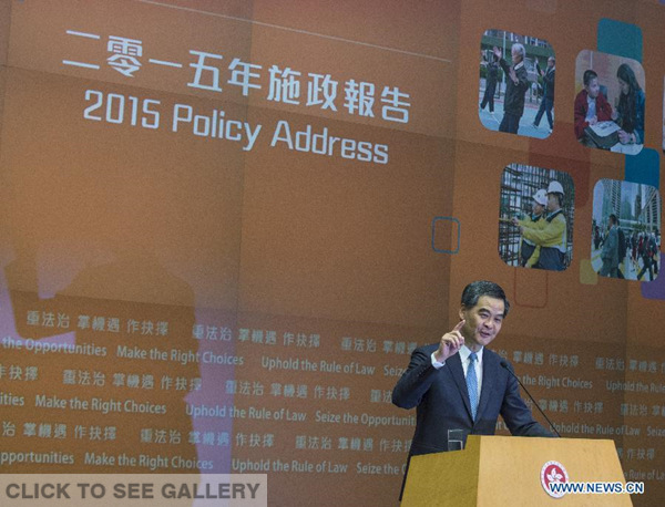 Leung Chun-ying, Chief Executive of the Hong Kong Special Administrative Region, speaks at a news briefing on the 2015 Policy Address in Hong Kong, south China, Jan 14, 2015. (Xinhua/He Jingjia) 