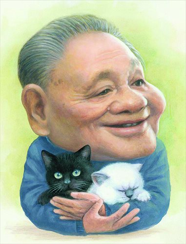 Caricature of Deng Xiaoping by Zhu Zizun with Deng holding one white cat and one black cat in his arms, a tribute to his famous remark: It doesn't matter if a cat is black or white, so long as it can catch mice, referring to China's choice of economic systems. Photo: Courtesy of Zhu Zizun