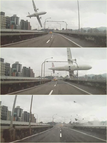 Combined photos taken by an automobile data recorder shows an airplane crashes over a bridge in Taipei, southeast China's Taiwan, Feb. 4, 2015. A plane of the Taiwan TransAsia Airways came down into a Taipei river Wednesday, with more than 50 people on board, confirmed the civil aviation authorities of Taiwan. Contact with the ATR-72 Flight, scheduled from Taipei to Kinmen, lost at about 11 a.m. Then the plane was found in the river by the Nanhu Bridge. (Xinhua)