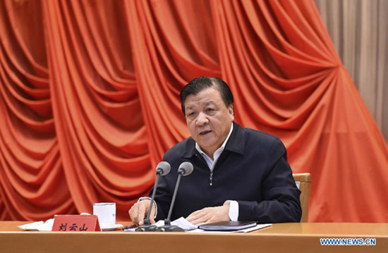 Liu Yunshan, member of the Standing Committee of the Political Bureau of the Communist Party of China (CPC) Central Committee, addresses the closing session of a workshop attended by provincial and ministerial heads at the Party School of the CPC Central Committee in Beijing, capital of China, Feb. 6, 2015. (Xinhua/Zhang Duo)