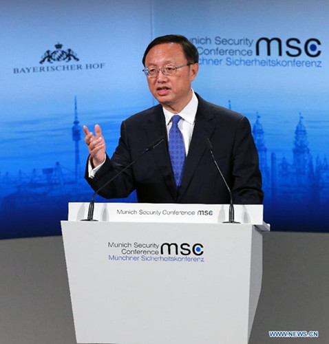 Chinese State Councilor Yang Jiechi speaks at the opening panel of the 51st Munich Security Conference (MSC) in Munich, Germany, Feb. 6, 2015. China on Friday called for fostering a vision of a common, comprehensive, cooperative and sustainable security, said Yang Jiechi in Munich. (Xinhua/Luo Huanhuan)