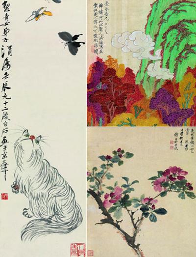 Lao She's collections of painting works of Qi Baishi (left), Yu Fei'an (right top) and Xie Zhiliu (right bottom).[Photo provided to China Daily]  