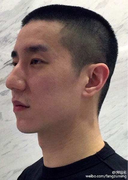 A photo posted on Sina Weibo of Jaycee Chan, son of actor Jackie Chan, shows his new haircut, Feb. 24, 2015. (Photo/SinaWeibo)