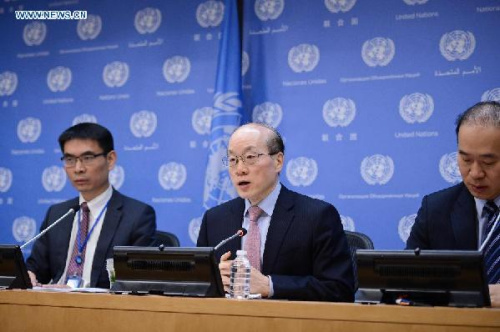 China's Permanent Representative to the United Nations Liu Jieyi (C), who is also the rotating president of the UN Security Council for the month of February, speaks during an end-of-presidency press briefing at the UN headquarters in New York, on Feb. 27, 2015. (Xinhua/Niu Xiaolei)