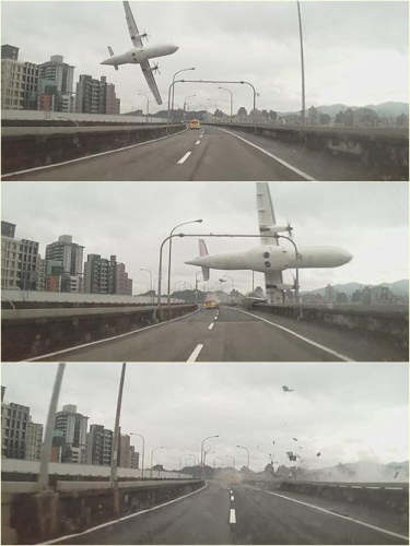 Combined photos taken by an automobile data recorder shows an airplane crashes over a bridge in Taipei, southeast China's Taiwan, Feb. 4, 2015. 