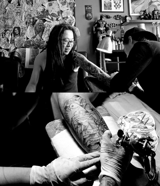 Top: Cao Chen (right) works on a client's arm in his parlor in Beijing. Above: Chang Huan, a graphic designer and fledging tattoo artist, inks her own design on a customer's arm. Tattoos are still frowned upon by mainstream society in China, but that isn't deterring younger people. Photos by Wang Zhuangfei / China Daily