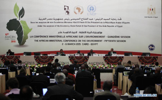 Photo taken on March 2, 2015 shows a general view of the opening ceremony of the 15th session of The African Ministerial Conference On The Environment (AMCEN) held in Cairo, Egypt. The week-long conference kicked off on Monday will deliberate on how to manage and sustainably use natural resources while taking into consideration the region's biodiversity and ecosystems. (Xinhua/Ahmed Gomaa)