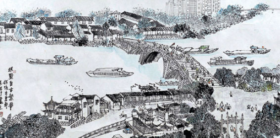 Wu Liren (below) and one of his works depicting a scene of the Grand Canal in ancient times. (Photo/Provided to China Daily)