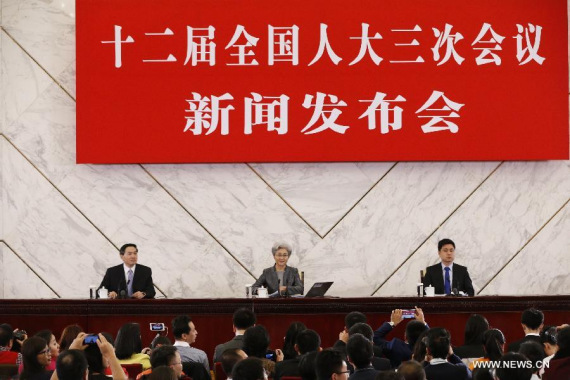 Fu Ying (C), spokesperson for the third session of China's 12th National People's Congress (NPC) addresses the press conference on the third session of the 12th NPC at the Great Hall of the People in Beijing, capital of China, March 4, 2015. The third session of the 12th NPC is scheduled to open in Beijing on March 5. (Xinhua/Shen Bohan)