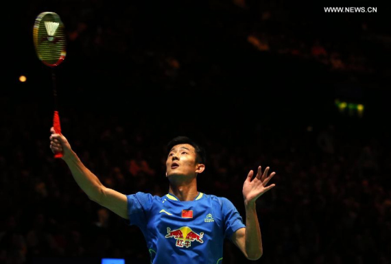 Chen Long of China competes during the men's singles semifinal against his compatriot Lin Dan at the All England Open Badminton Championships at Barclaycard Arena in Birmingham, Britain, on March 7, 2015. Chen Long won 2-0. (Xinhua/Han Yan)