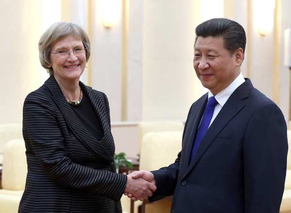 President Xi Jinping meets with visiting Harvard University President Drew Gilpin Faust at the Great Hall of the People in Beijing on Monday. (Photo/China Daily)