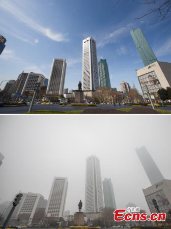 A combination picture shows the skyline swallowed by smog on January 26 and the same view on March 10 in Nanjing, East Chinas Jiangsu province. (Photo: China News Service/Su Yang)