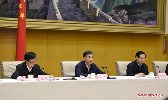 Chinese Vice Premier Wang Yang (C) speaks during a national meeting on combating intellectual property rights infringement and the manufacturing and sale of fake and shoddy goods, in Beijing, capital of China, March. 18, 2015. (Xinhua/Xie Huanchi)