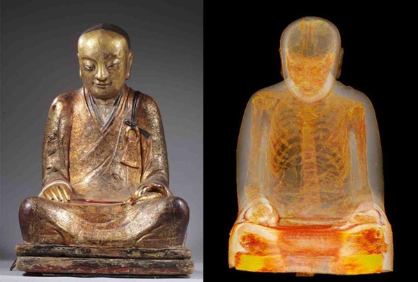 A CT scan shows a body, whose internal organs were removed, concealed in an ancient Chinese statue of a Buddha. [Photos provided by the Drents Museum]