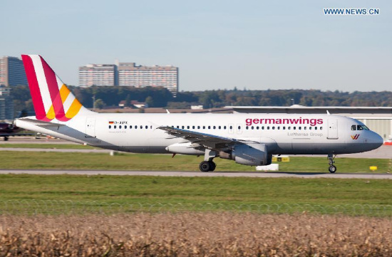 This file photo taken on Aug. 18, 2014 shows the Airbus A320 of the German airline Germanwings in the airport of Stuttgart in German.  (Photo/Xinhua)