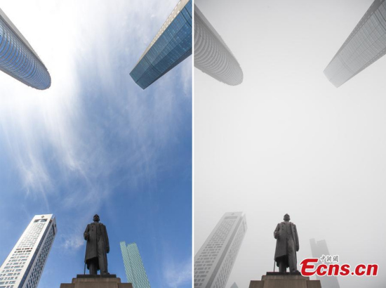 A combination picture shows the skyline swallowed by smog on January 26 and the same view on March 10 in Nanjing, East China��s Jiangsu province. (Photo: China News Service/Su Yang)