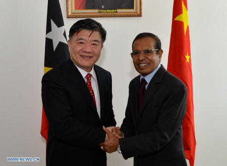 Chen Zhu, vice chairman of the Standing Committee of China's 12th National People's Congress (NPC), meets with Timor-Leste's President Taur Matan Ruak in Dili, Timor-Leste, April 1, 2015. (Xinhua/He Changshan)