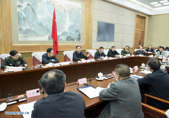 Chinese Vice Premier Wang Yang (3rd L, back) attends the first plenary meeting of the State Flood Control and Drought Relief Headquaters of this year in Beijing, capital of China, April 7, 2015. (Xinhua/Wang Ye)