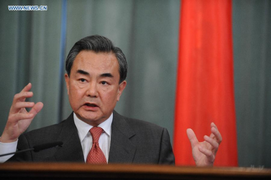Chinese Foreign Minister Wang Yi speaks at a press conference in Moscow, Russia, April 7, 2015. Wang Yi held talks with his Russian counterpart Sergey Lavrov on Tuesday. (Xinhua/Dai Tianfang)