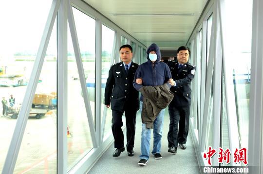 A suspect of economic crime is extradited to Hangzhou, Zhejiang province, April 9, 2015. (Photo/Chinanews.com)