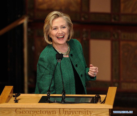 File photo taken on Oct. 30, 2014 shows U.S. former Secretary of State Hillary Clinton gives an opening remark before a discussion on The Power of Women's Economic Participation at Georgetown University in Washington D.C., capital of the United States. Hillary announced her bid for 2016 presidential election on Sunday. (Xinhua/Bao Dandan)