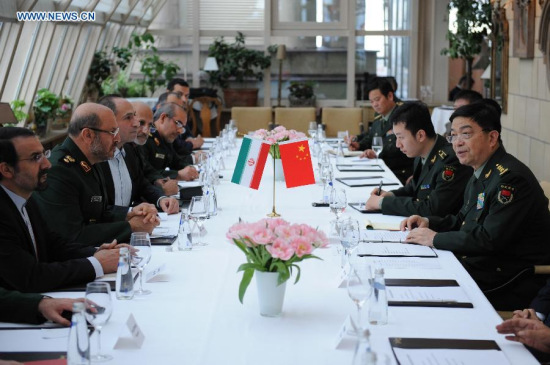 Chinese State Councilor and Defense Minister Chang Wanquan (1st R) meets with Iranian Defence Minister Hossein Dehghan (2nd L) attending the 4th Moscow International Security Conference inRussia, on April 16, 2015. (Xinhua/Dai Tianfang)
