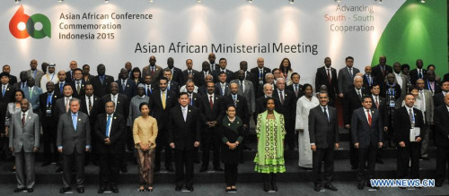 Asian-African Ministers and Vice Ministers pose for a group photo before the Asian-African Ministerial Meeting during the Asian-African Conference Commemoration 2015 in the Jakarta Convention Centre in Indonesia, April 20, 2015. Ministers of Asia and Africa held a meeting here on Monday in preparation for the Asian-African Summit 2015, which runs from April 22 to April 23. (Xinhua/Veri Sanovri)