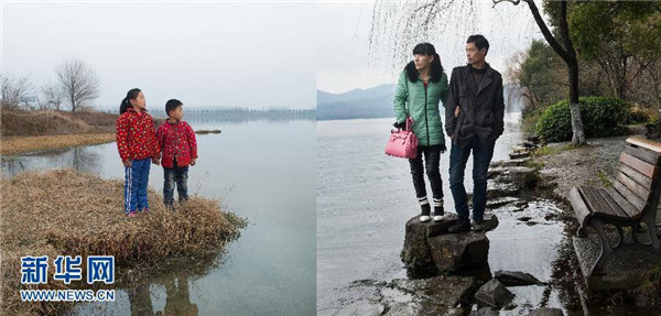 (Left) Nine-year-old Ma Shuwen and her brother stand beside a lake in their hometown in Balihe County in east China's Anhui province, Jan 11, 2015. (Right) Their parents are seen standing along the West Lake in Hangzhou, in east China's Zhejiang province on Jan 15, 2015. (Photo/xinhua)