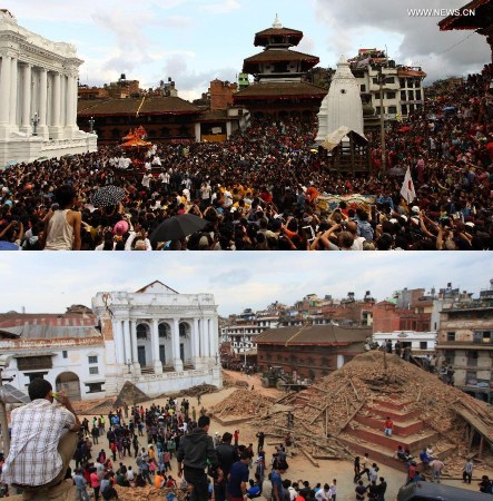 The combo photo shows Nepalese devotees participating in a procession of chariots of god and goddess Ganesh, Kumari and Bhairav during the last day of Indrajatra festival at Durbar Square in Kathmandu, Nepal, Sept. 22, 2013 (above) and the ruins on the Durbar Square after an earthquake in Kathmandu, capital of Nepal, on April 25, 2015.(Xinhua/Sunil Sharma) 
