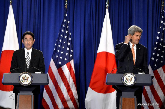 U.S. Secretary of State John Kerry (R) and Japanese Foreign Minister Fumio Kishida attend a press conference in New York, the United States, on April 27, 2015. U.S. and Japan announced on Monday new guidelines for bilateral defense cooperation, allowing Japan's self defense forces to take on more ambitious global role that the Shinzo Abe administration has been seeking. (Xinhua/Wang Lei)