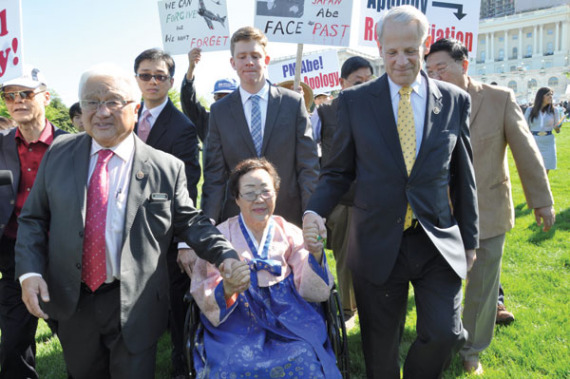 Yong-soo Lee of South Korea, an 86-year-old former comfort woman, visits the US Congress in Washington to listen to a speech by Japanese Prime Minister Shinzo Abe at a joint session on April 29, 2015.