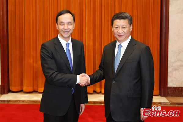 Xi Jinping (R), general secretary of the Communist Party of China Central Committee, meets Kuomintang (KMT) Chairman Eric Chu, May 4, 2015 in Beijing. This has been Chu's first visit to the mainland since he was elected KMT chairman in January. (Photo/ECNS)