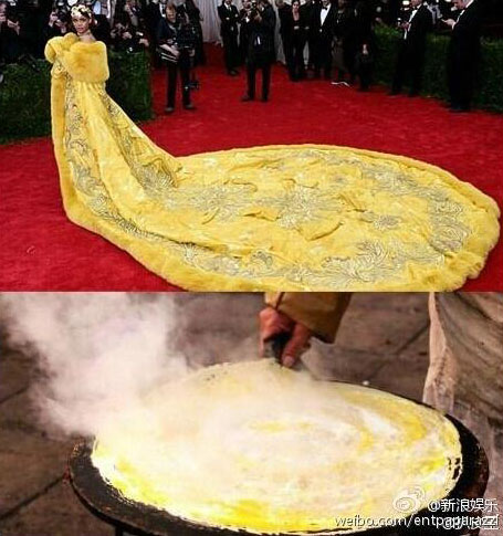 A photoshopped image makes fun of Rihanna's dress by comparing it to a Chinese-style pancake. The pop singer opted for the dress tailor-made by Beijing-based designer Guo Pei at the Met Gala in New York City, May 5, 2015. (Photo/weibo.com)