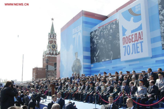 Chinese President Xi Jinping attends the military parade marking the 70th anniversary of the victory in the Great Patriotic War, in Moscow, Russia, May 9, 2015. (Xinhua/Ju Peng)