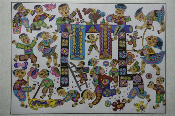 A painting drawn by farmers in southwest China's Guizhou Province. Professional painters have been invited to open training sessions to help local farmers create their own work. (Photo/CNTV)