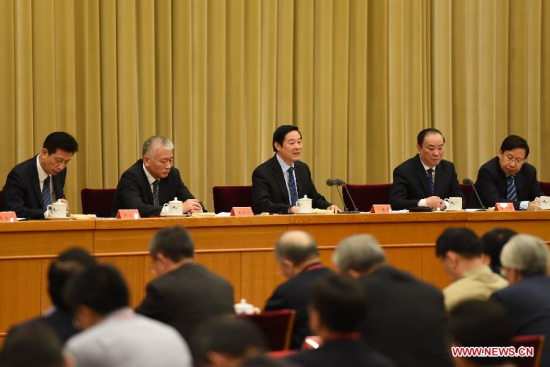 Liu Qibao (C rear), a member of the Political Bureau of the Communist Party of China (CPC) Central Committee and head of the CPC Central Committee's Publicity Department, speaks in a meeting on projects of the 2015 National Social Science Foundation in Beijing, capital of China, May 12, 2015. (Xinhua/Gao Jie)