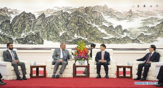 Meng Jianzhu(2nd R), a member of the Political Bureau of the Communist Party of China (CPC) Central Committee and also head of the Commission for Political and Legal Affairs of the CPC Central Committee, meets with Afghanistan Interior Minister Olomi Noorol haq in Beijing, capital of China, May 12, 2015. (Xinhua/Wang Ye)