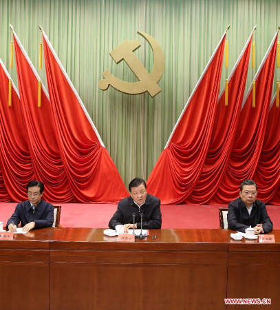 Liu Yunshan (C), president of the Party School of the Communist Party of China (CPC) Central Committee and a member of the Standing Committee of the Political Bureau of the CPC Central Committee, addresses the opening ceremony of the school's 2015 spring semester second batch program in Beijing, capital of China, May 13, 2015. (Xinhua/Pang Xinglei)