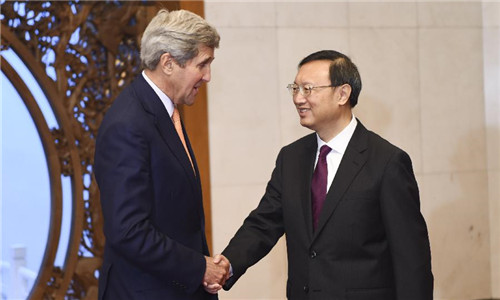 Chinese State Councilor Yang Jiechi (R) meets with U.S. Secretary of State John Kerry in Beijing, capital of China, May 16, 2015. (Photo: Xinhua/Xie Huanchi)