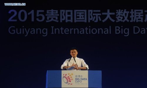 Jack Ma, or Ma Yun, Chairman of the Board of Alibaba Group, delivers a speech at Global Big Data Era Guiyang Summit during the Guiyang International Big Data Expo 2015 in Guiyang, capital of southwest China's Guizhou Province, May 26, 2015. The Guiyang International Big Data Expo 2015 kicked off on Tuesday, attracting enterprises such as Alibaba, Foxconn, Huawei, etc. (Xinhua/Ou Dongqu)