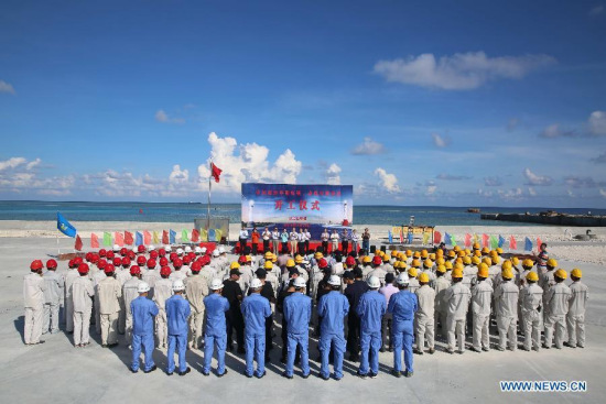 A groundbreaking ceremony for the construction of the lighthouses is held on Huayang Reef of China's Nansha Islands, May 26, 2015. (Photo: Xinhua/Lu Rui)